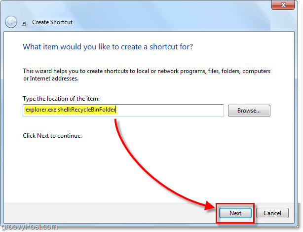 adicione a extensão shelle da lixeira como um atalho do Windows 7