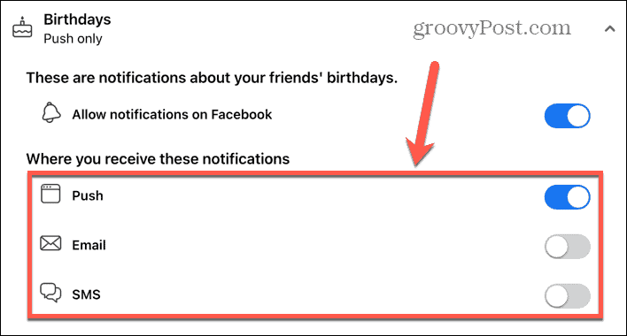 Facebook selecionar tipos de notificação