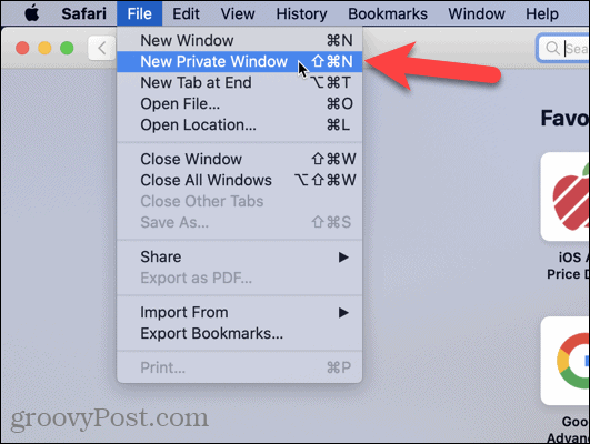 Selecione Nova janela privada no Safari no Mac