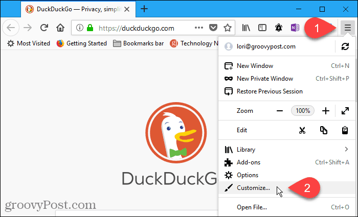 Selecione Personalizar no menu Firefox
