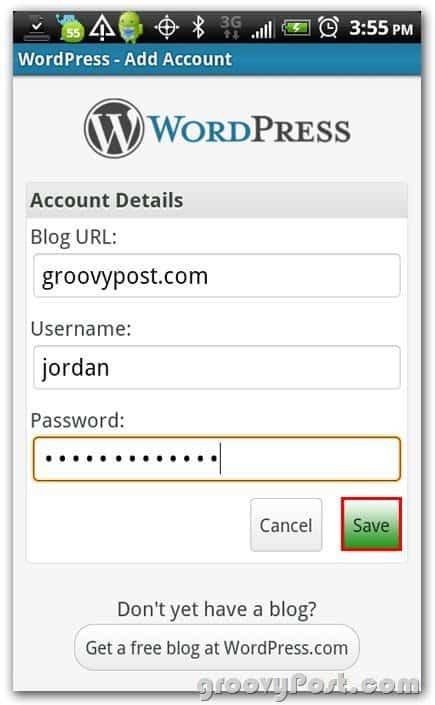 Wordpress na configuração da conta de blog do Android