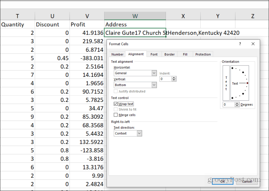 definindo texto de quebra automática no Excel