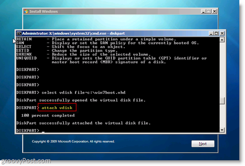 O Windows 7 Native VHD instala o Dual Boot Attach VHD a partir do prompt do CMD