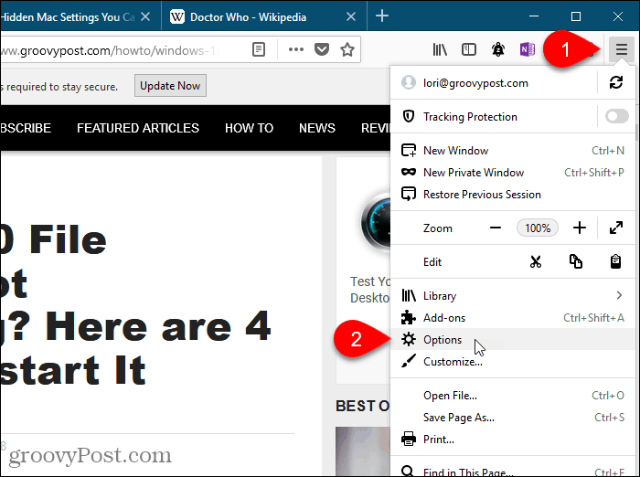 Selecione Opções no menu Firefox