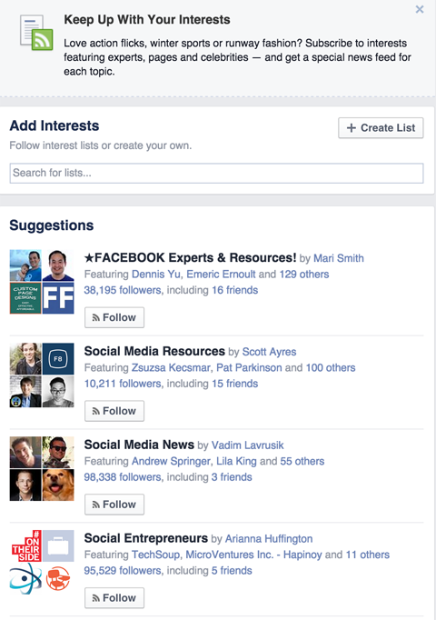 sugestões de interesses do Facebook