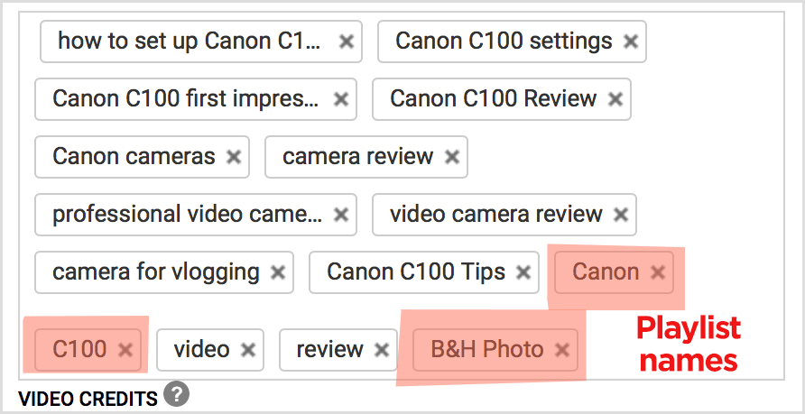 Nomes de listas de reprodução de tags de vídeo do YouTube