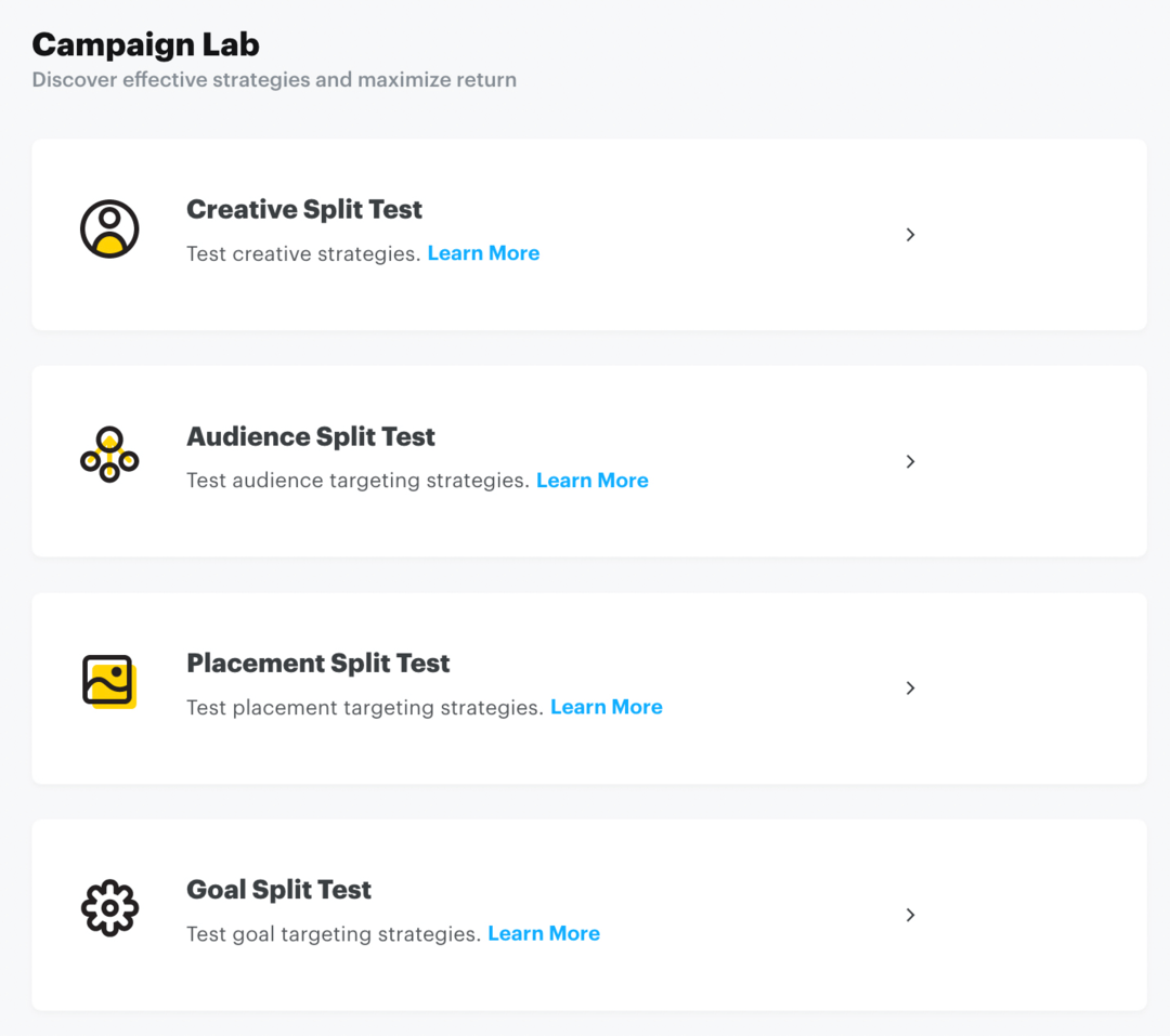 configurar o teste A/B do Snap por meio do Campaign Lab Etapa 1