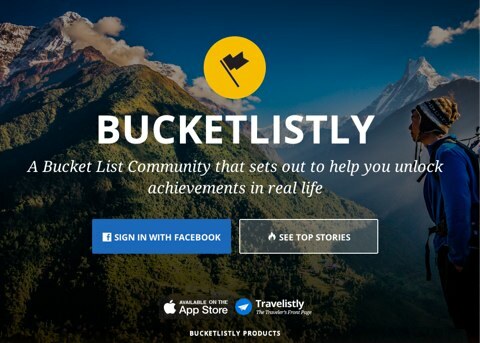 página inicial do bucketlistly