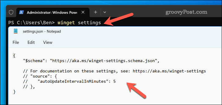 Comando de configurações do Winget