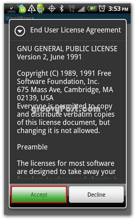 Wordpress no EULA para Android