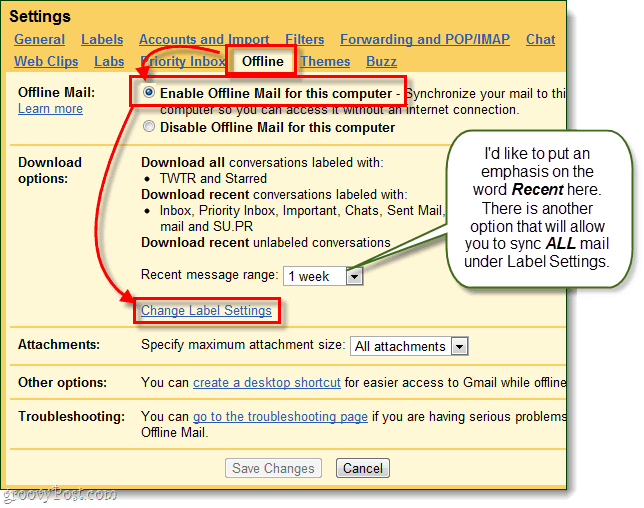 o gmail ativa o email offline no computador e altera as configurações de etiqueta