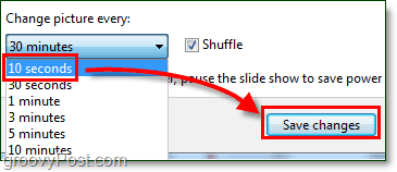 defina a velocidade de rotação do plano de fundo do Windows 7 para 10 segundos e salve, altere-a novamente quando terminar