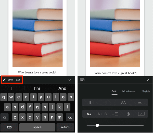 Crie um passo 5 da história Unfold Instagram mostrando opções de edição de texto.