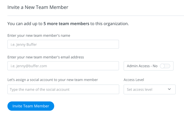 Preencha os detalhes do convite para a pessoa que você deseja adicionar à sua equipe do Buffer.