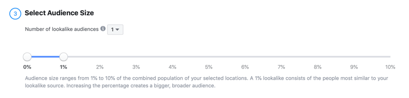 selecione o tamanho do público para o parecido com o Facebook