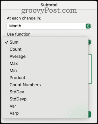 Diferentes funções disponíveis na caixa de diálogo Subtotal do Excel