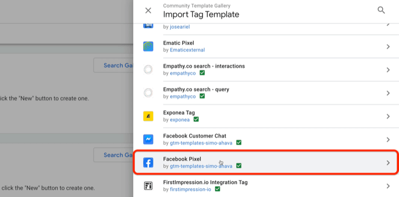 google tag manager community template gallery import tag template menu com exemplos de modelos de pixel ematic, tag exponea, chat de cliente do Facebook, entre outros com pixel do Facebook destacado
