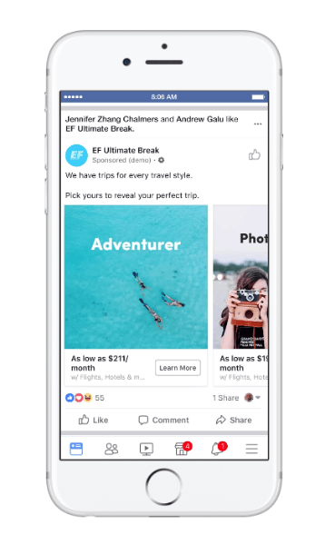 O Facebook lançou um novo tipo de anúncio dinâmico para viagens, chamado de consideração de viagem.
