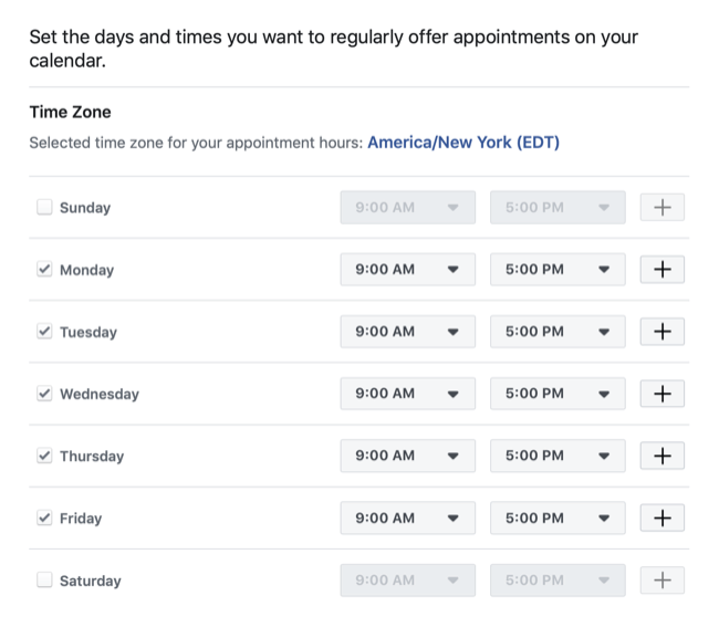 definir datas e horários disponíveis para agendamento de agendamento com página do Facebook