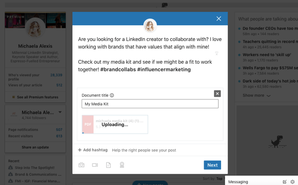 Postagem de compartilhamento de documentos do LinkedIn, upload do documento para postagem orgânica, etapa 2, adicionar título, texto e hashtags do documento
