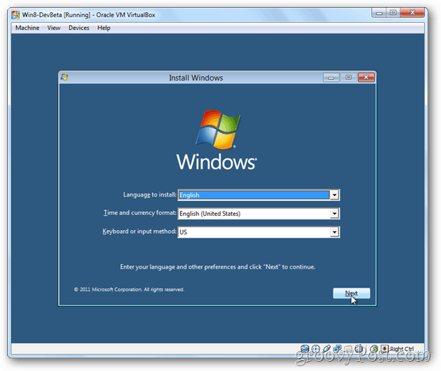 Menu de instalação do VirtualBox Windows 8