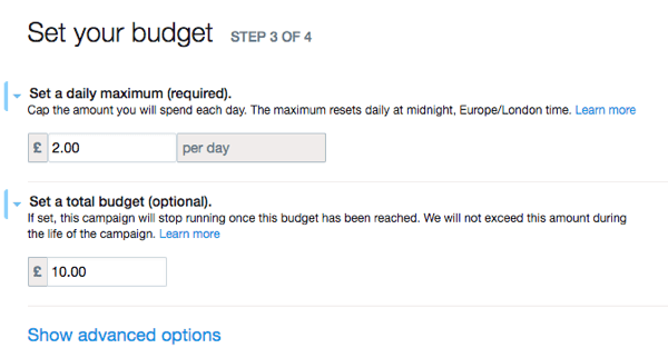 Configure o orçamento do seu anúncio no Twitter.