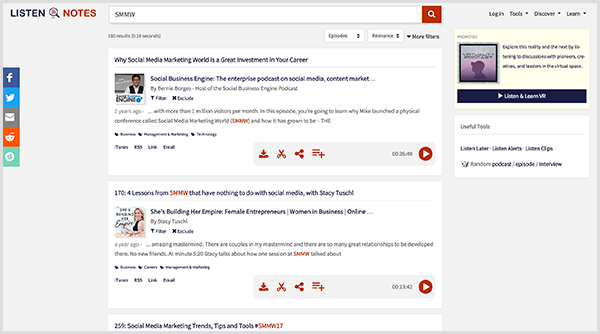 Listen Notes é uma ferramenta de pesquisa de podcast. Uma pesquisa pelo termo SMMW retorna uma longa lista de resultados de podcasts que discutem o Social Media Marketing World.