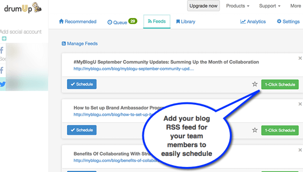 DrumUp permite importar RSS feed do blog da sua empresa e torna mais fácil para os funcionários compartilharem conteúdo.