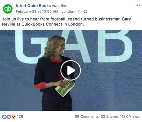 Exemplo de uma postagem no Facebook anunciando um próximo vídeo ao vivo do Intuit Quickooks.