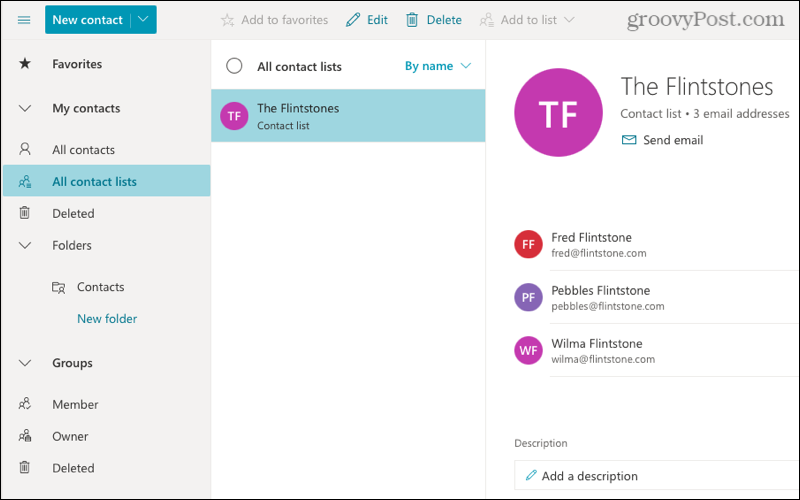 Lista de contatos no Outlook online