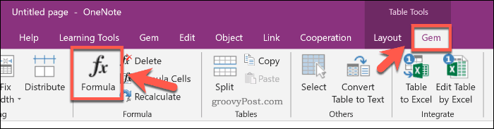 Inserir uma fórmula do Excel usando o suplemento Gem for OneNote no OneNote