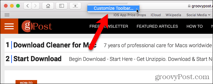 Selecione Personalizar barra de ferramentas no Safari para Mac