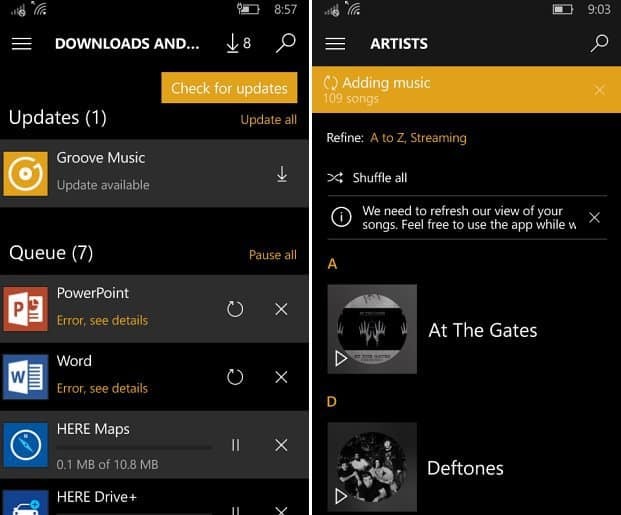 Atualização do Groove Music para Windows 10 Mobile