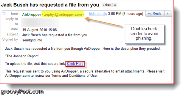 AirDropper Dropbox - Arquivo de solicitação de e-mail