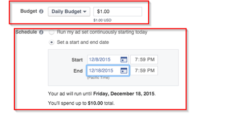 orçamento e duração do anúncio do Facebook