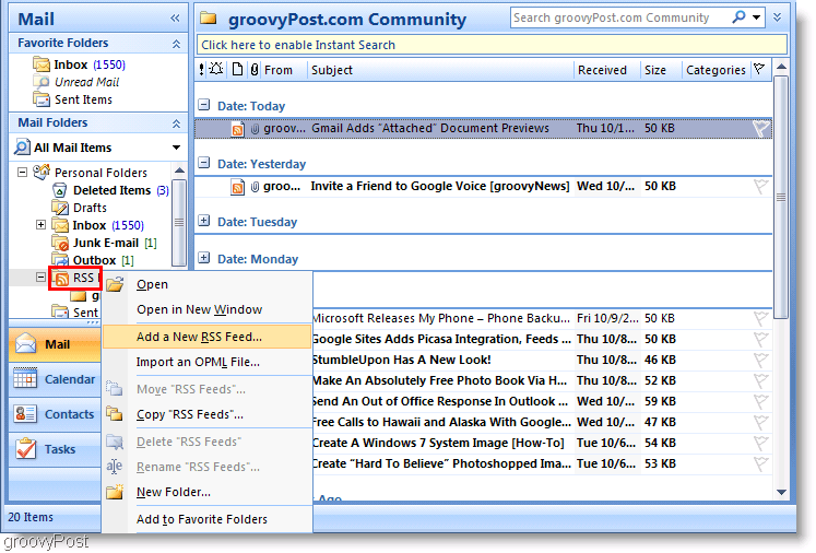 Screenshot Microsoft Outlook 2007 Adicionar novo feed RSS