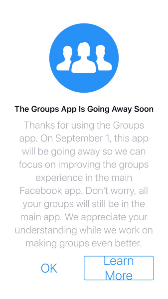 O Facebook irá descontinuar o aplicativo Grupos para iOS e Android após 1 de setembro de 2017.
