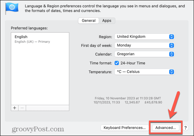 configurações avançadas de idioma e região do mac