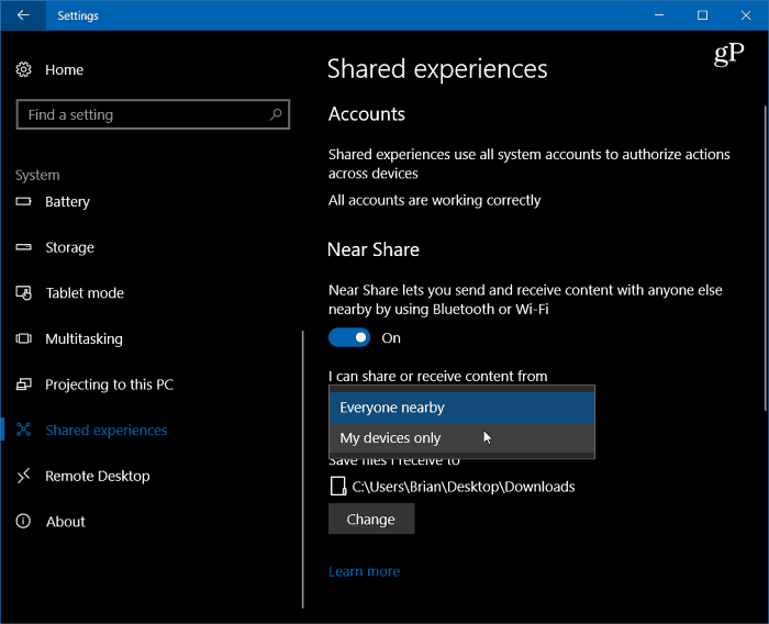 1 Ative as configurações de compartilhamento próximo do Windows 10