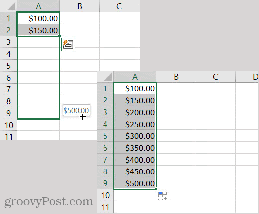 Padrão de moeda de preenchimento automático do Excel