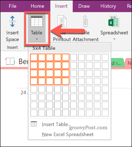 Inserindo uma nova tabela no OneNote