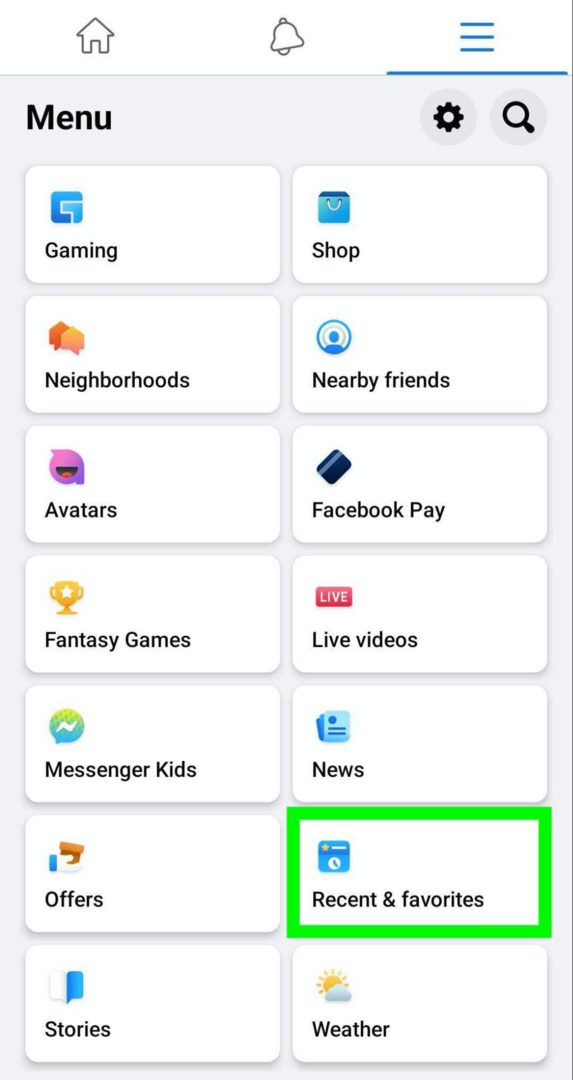 imagem do menu do Facebook mostrando a opção Recentes e Favoritos