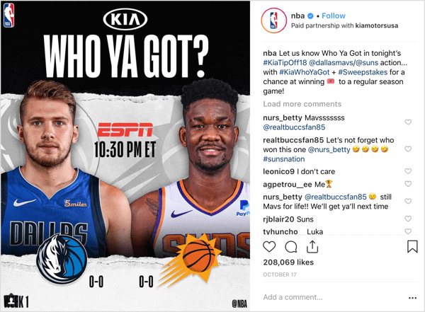 A NBA se juntou ao patrocinador Kia Motors para distribuir ingressos para jogos no início da temporada no Instagram.