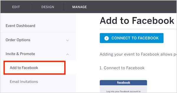 Na guia Gerenciar Eventbrite, clique em Convidar e promover e selecione Adicionar ao Facebook no menu suspenso.