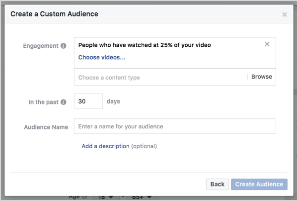 Público personalizado do Facebook com base em visualizações de vídeo em 30 dias.
