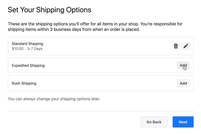 exemplo de captura de tela das opções de envio da loja do Facebook que podem estar disponíveis