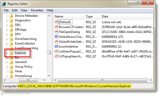 encontre a chave de registro referente à versão atual do explorer no registro do Windows 7