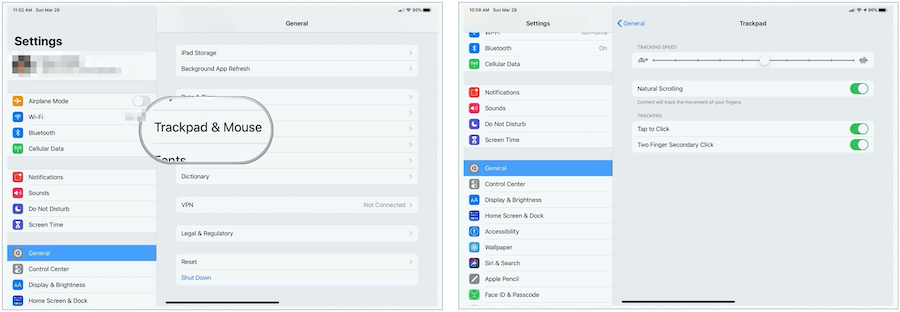 configurações do trackpad do iPad