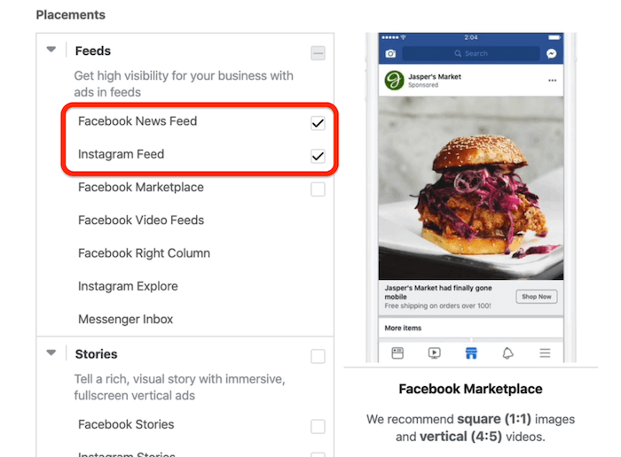 Canais de feed de notícias do Facebook e feed do Instagram selecionados no nível do conjunto de anúncios no Gerenciador de anúncios do Facebook
