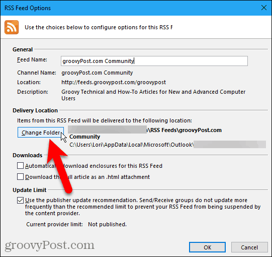 Clique em Alterar pasta na caixa de diálogo Opções de feed RSS no Outlook